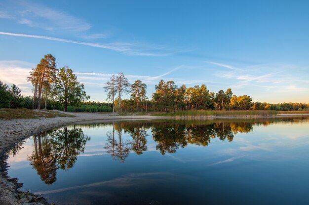 Bellissimo paesaggio del lago al tramonto colorato. alberi che si riflettono nell'acqua