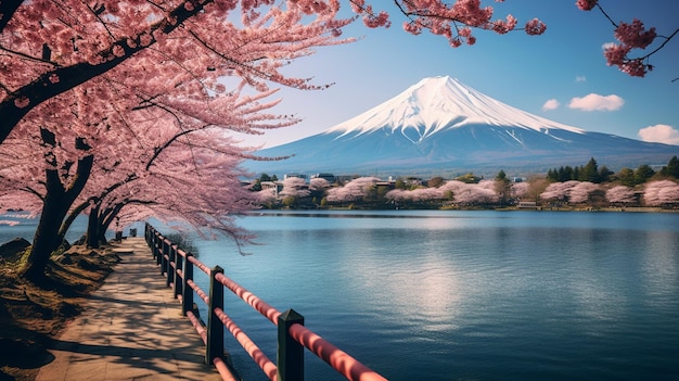 朝は富士山と桜の木がある美しい風景の湖