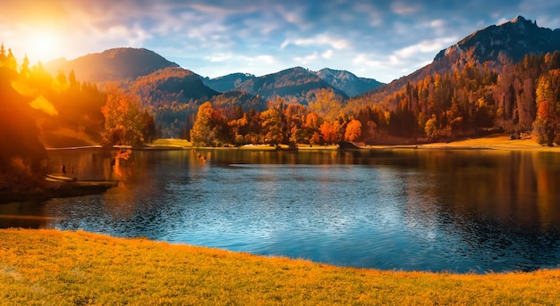 大きな山々のある長い秋の美しい風景