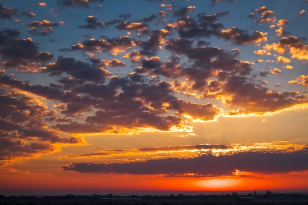 Beautiful landscape of morning sunrise with fog and clouds. Bright sunlight. Composition of nature