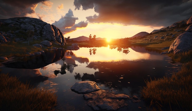 Красивый пейзаж горное озеро закат обои изображение AI создано искусство