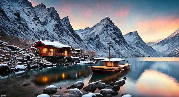 Beautiful landscape mountain on a lake with a boat