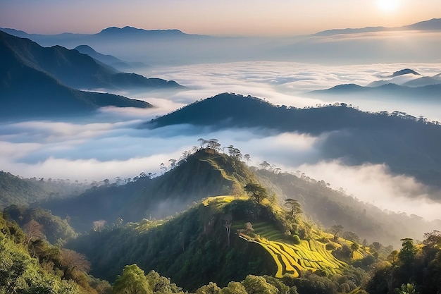 Beautiful Landscape of mountain layer in morning sun ray and winter fog at Doi Hua Mae Kham Mae Salong Nai Chiangrai Thailand