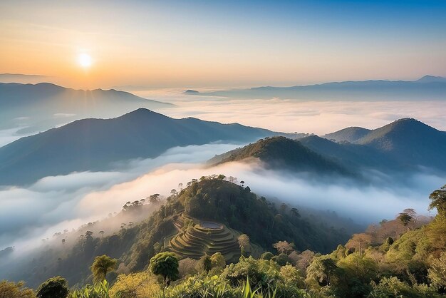 Photo beautiful landscape of mountain layer in morning sun ray and winter fog at doi hua mae kham mae salong nai chiangrai thailand