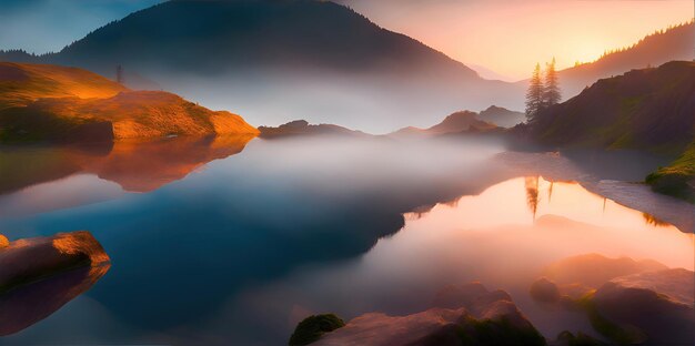 水の近くの美しい風景山の景色