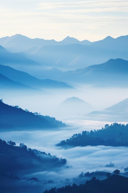 Beautiful landscape of mountains in foggy morning Beauty in nature