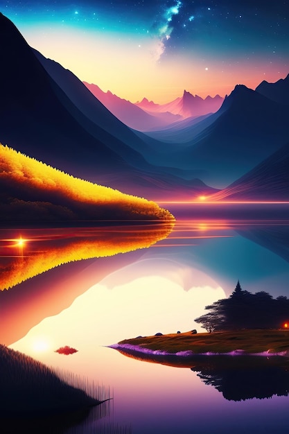 Красивый пейзаж гор и озера в ночное время с фоном Млечного Пути Цифровое искусство