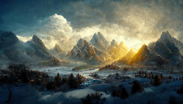 Красивый пейзаж гор со льдом и сухими соснами с концепцией осенней фантазии Цифровая живопись Фоновая иллюстрация
