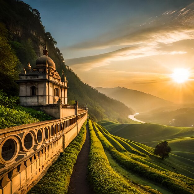 Beautiful landscape nature green Terraced Rice Field of Rainy Season and hut on Mountain in natureP