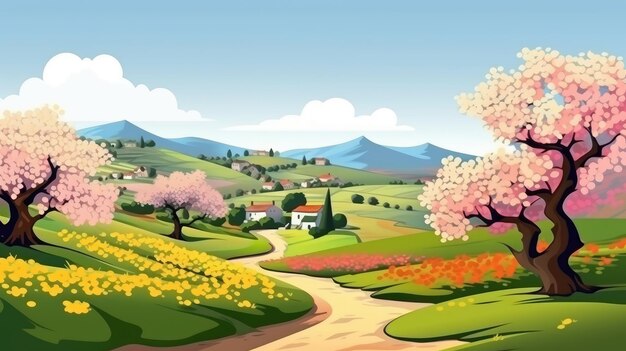 beautiful landscape nature mountain view background illustration with road