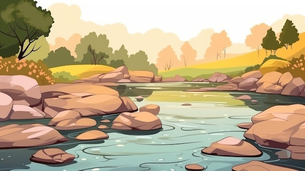 beautiful landscape nature wirh river and mountain view background illustration