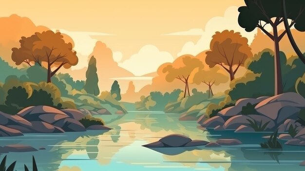 beautiful landscape nature wirh river and mountain view background illustration