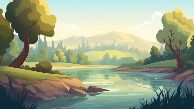 beautiful landscape nature wirh river and mountain view background illustration