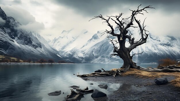Beautiful landscape of New Zealand alps and lake with dead tree