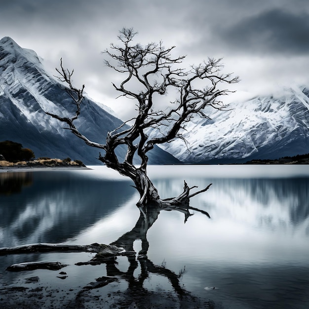 Beautiful landscape of New Zealand alps and lake with dead tree