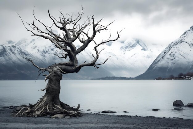 Beautiful landscape of New Zealand alps and lake with dead tree