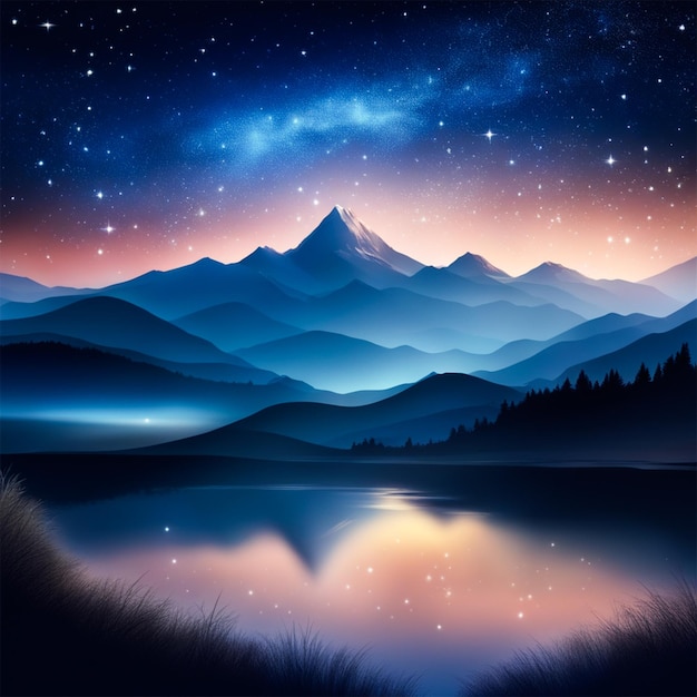 Beautiful landscape night with mountain and starry sky background ai