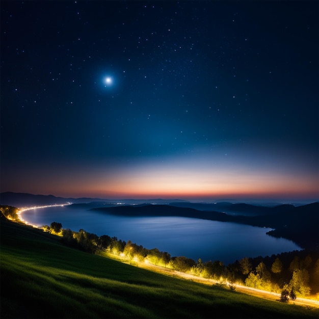 Beautiful landscape night with mountain and starry sky nature background ai