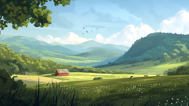 a beautiful landscape painting of a rural scene the image features a red barn in the distance with a horse grazing nearby