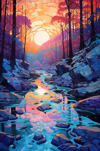 Beautiful landscape painting shaded by cells extensive paleolandscape intricate details sunrise