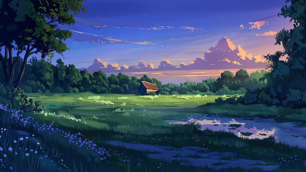 a beautiful landscape painting of a small house in a field of flowers the sky is a gradient of purple and blue and the trees are a deep green