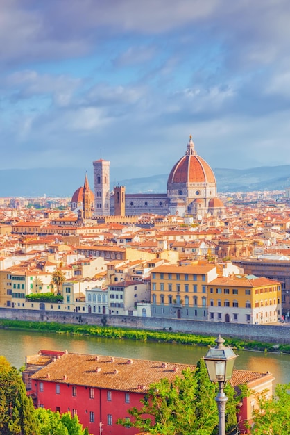 Beautiful landscape above panorama on historical view of the Florence from Piazzale Michelangelo point Morning time