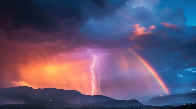 A beautiful landscape photo of a lightning storm over the mountains The sky is dark and stormy with a bright rainbow in the foreground