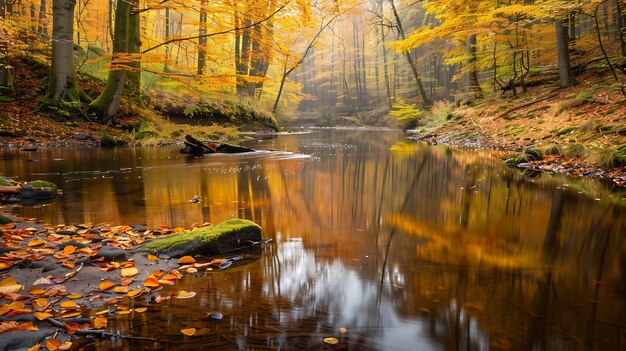 A beautiful landscape photo of a river flowing through a forest in the fall