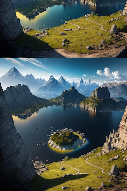 美しい風景写真の壁紙の背景、ピーク、湖、峡谷、空、白い雲