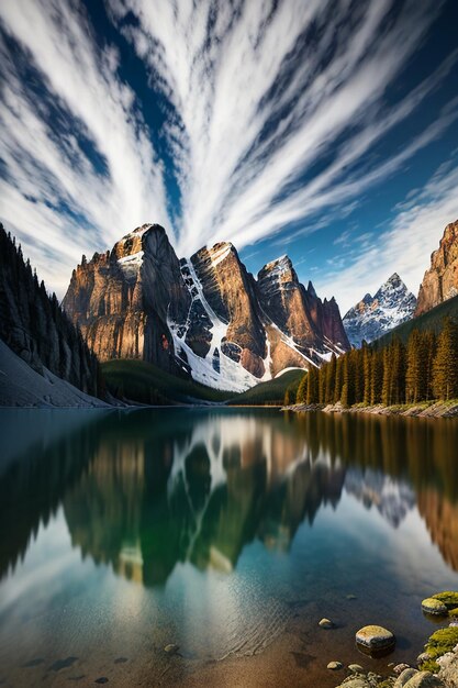 美しい風景写真の壁紙の背景、ピーク、湖、峡谷、空、白い雲