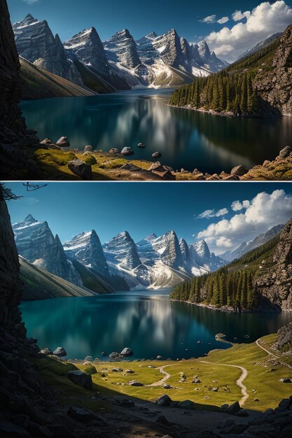 美しい風景写真の壁紙の背景、ピーク、湖、峡谷、空、白い雲