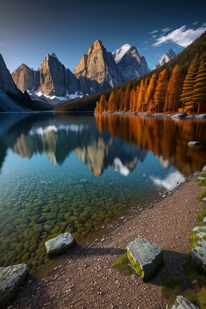 Foto bellissimo paesaggio fotografia sfondo sfondo picchi lago canyon cielo nuvole bianche