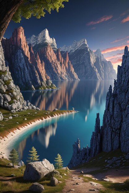 Foto bellissimo paesaggio fotografia sfondo sfondo picchi lago canyon cielo nuvole bianche