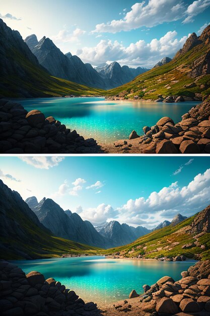 美しい風景写真の壁紙の背景、ピーク、湖、峡谷、空、白い雲