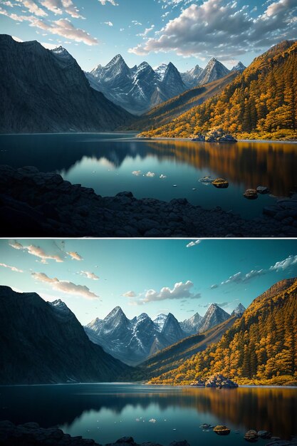 写真 美しい風景写真の壁紙の背景、ピーク、湖、峡谷、空、白い雲