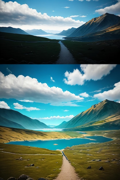 Beautiful landscape photography wallpaper background peaks lake canyon sky white clouds