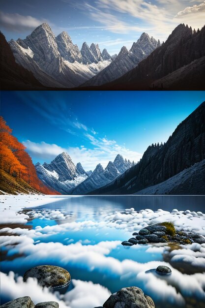 Beautiful landscape photography wallpaper background peaks lake canyon sky white clouds