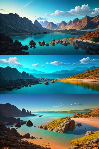 Photo beautiful landscape photography wallpaper background peaks lake canyon sky white clouds