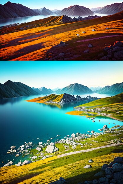 Beautiful landscape photography wallpaper background peaks lake canyon sky white clouds