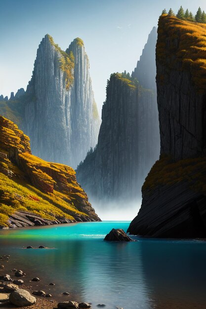 美しい風景写真の壁紙の背景、ピーク、湖、峡谷、空、白い雲