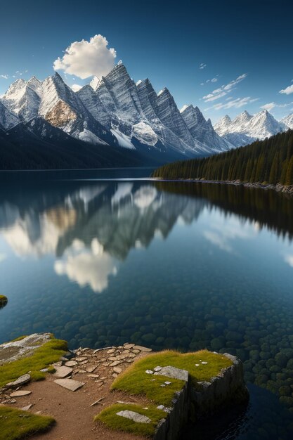 Beautiful landscape photography wallpaper background peaks lake canyon sky white clouds