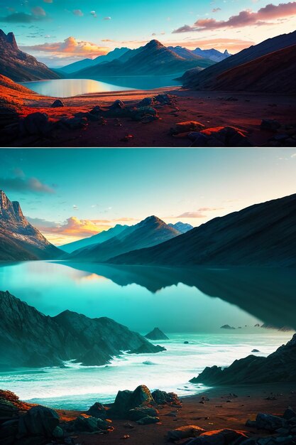 Beautiful landscape photography wallpaper background peaks lake canyon sky white clouds