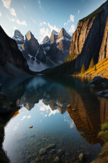 美しい風景写真の壁紙の背景、ピーク、湖、峡谷、空、白い雲