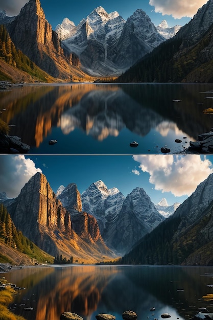 Foto bella fotografia di paesaggio sfondo carta da parati cime lago canyon cielo nuvole bianche