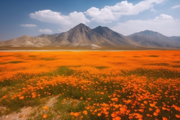 Beautiful landscape plateau with a carpet of bright orange flowers ai generated