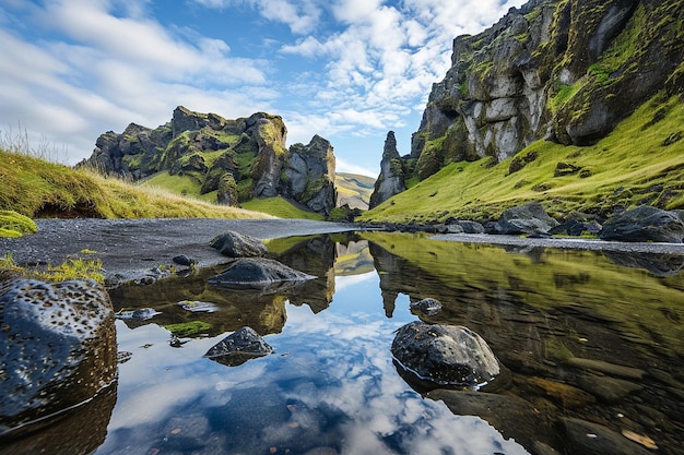 Красивый пейзаж скалистых скал, отражающийся на чистом ручье в Исландии