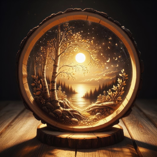 Beautiful landscape in a round wooden frame Abstraction