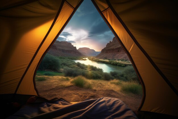 A beautiful landscape seen from the inside of a cozy tent Generative AI