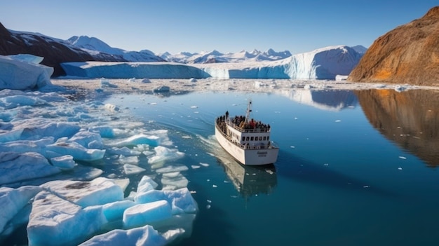 Beautiful landscape of ship on ice lake