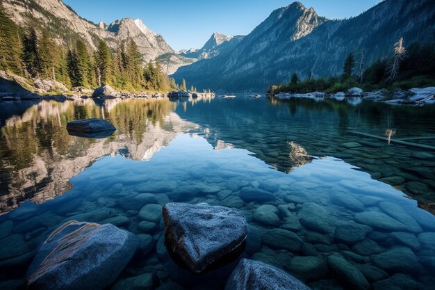 Beautiful landscape shot of a lake and green mountains at the jiuzhaigou national park in china